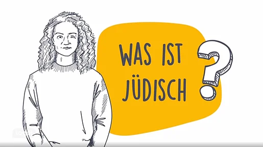 Filmstill Was ist jüdisch, gezeichneter Titel daneben steht die Moderatorin Maral