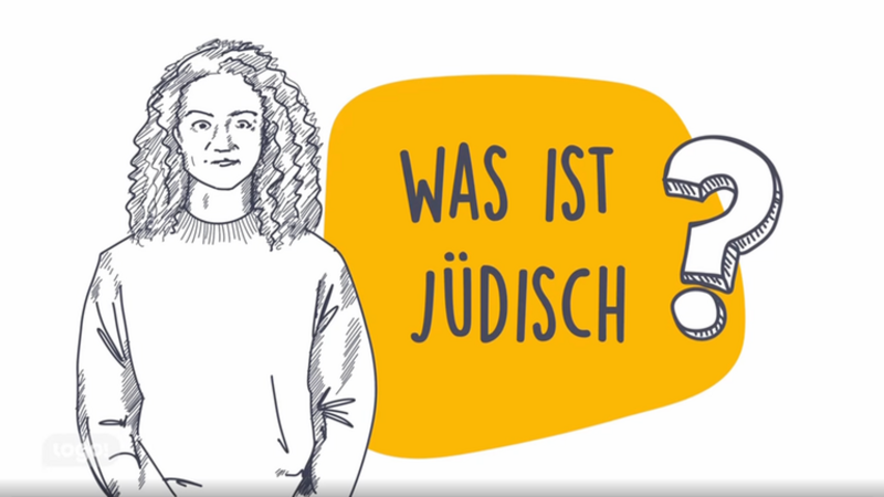 Filmstill Was ist jüdisch, gezeichneter Titel daneben steht die Moderatorin Maral