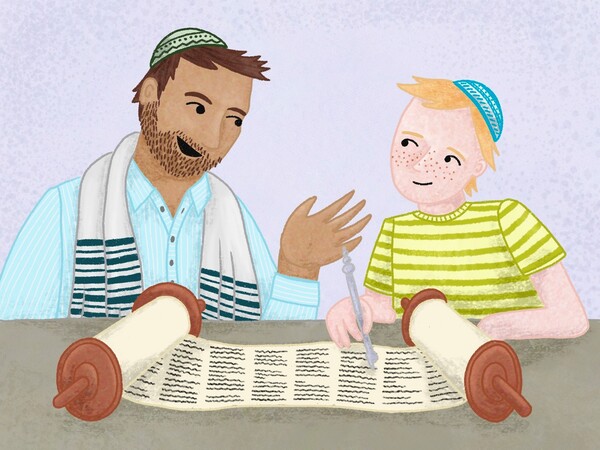 Illustration Rabbi und Kind mit Kippa vor Tora