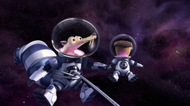 Szenenbild: Scrat und seine Nuss in Raumanzügen im Weltall schwebend