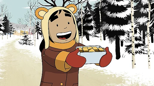 Filmstill Bango Vassil, gezeichneter Animationsfilm, die Romnja Ati bietet lachend eine Packung Süßigkeiten an