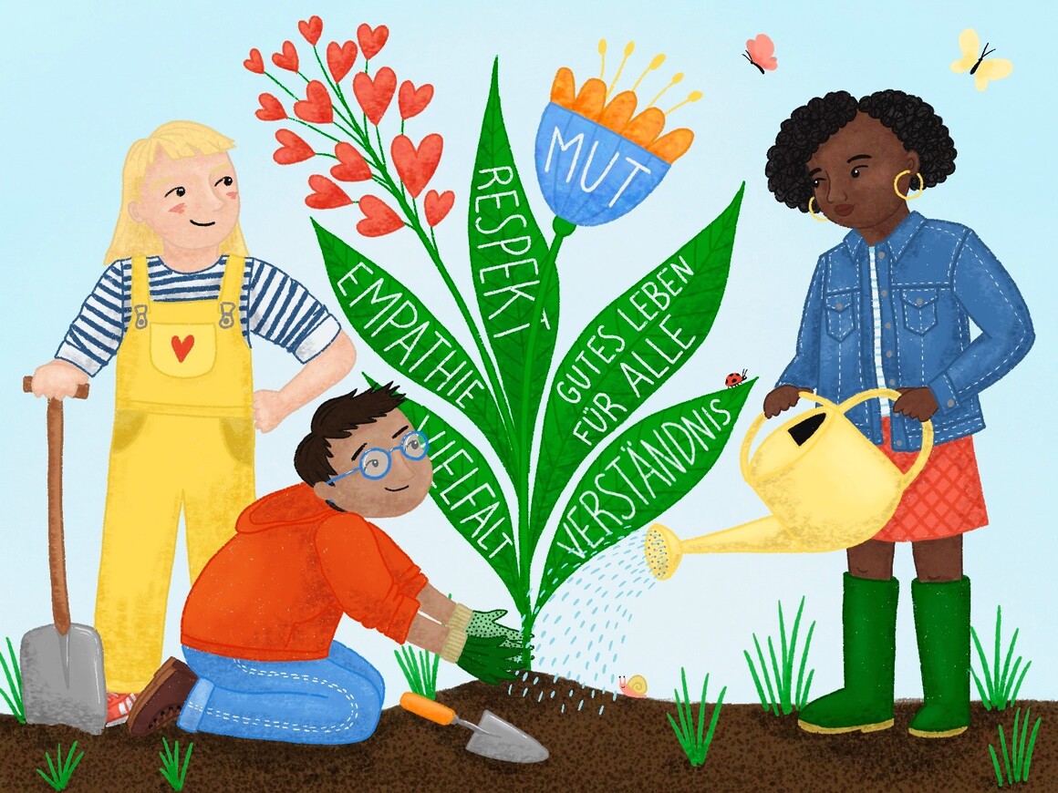 Illustration Kinder pflanzen eine Blume