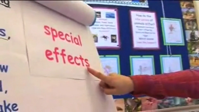 Finger zeigt auf die Worte "special effects" auf einem Flipchart